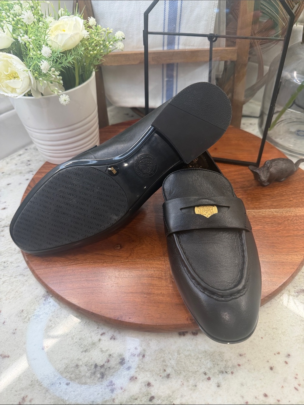 Vince Camuto Leather Slip-On Loafers with Gold Accent. - Picture 5 of 9